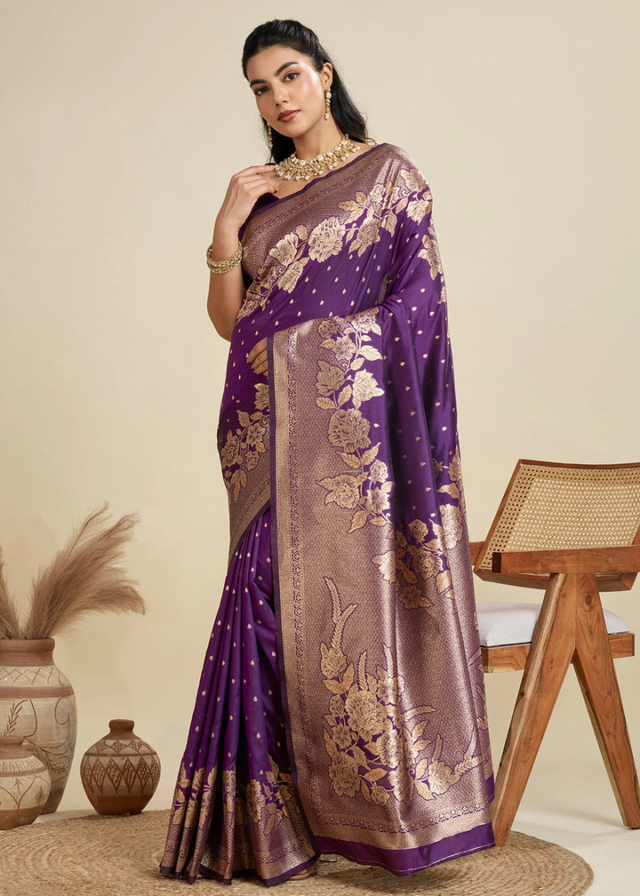 Wine Purple Banarasi Silk Saree Embellished with Zari Woven Buttas