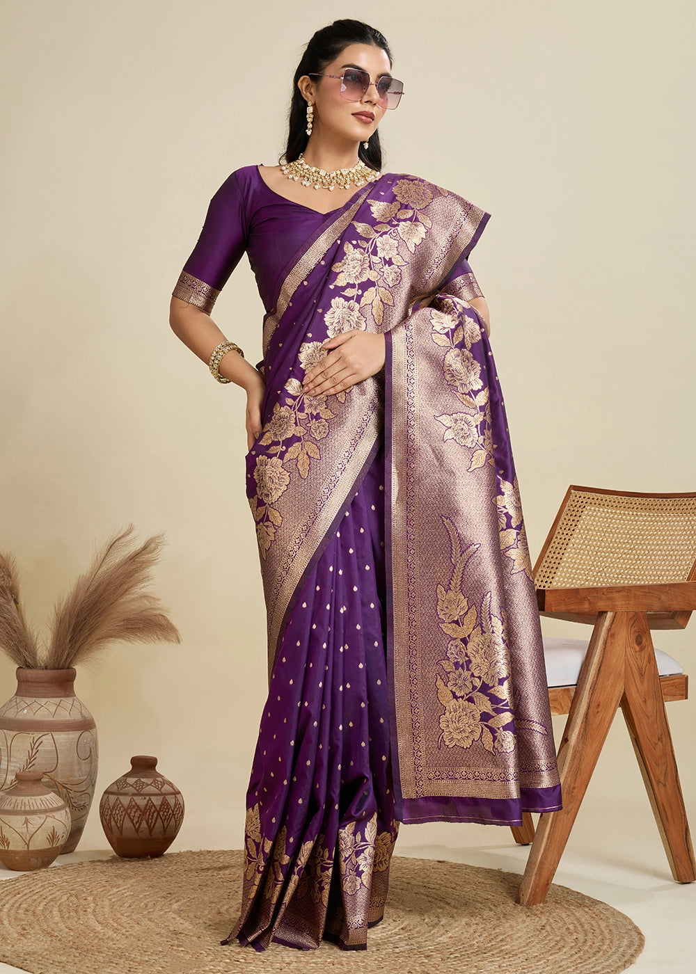 Wine Purple Banarasi Silk Saree Embellished with Zari Woven Buttas