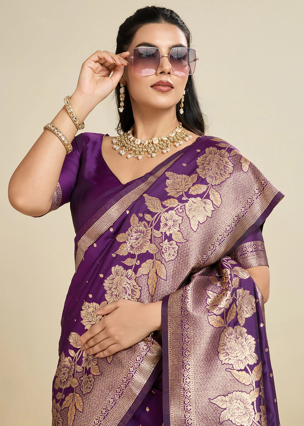 Wine Purple Banarasi Silk Saree Embellished with Zari Woven Buttas