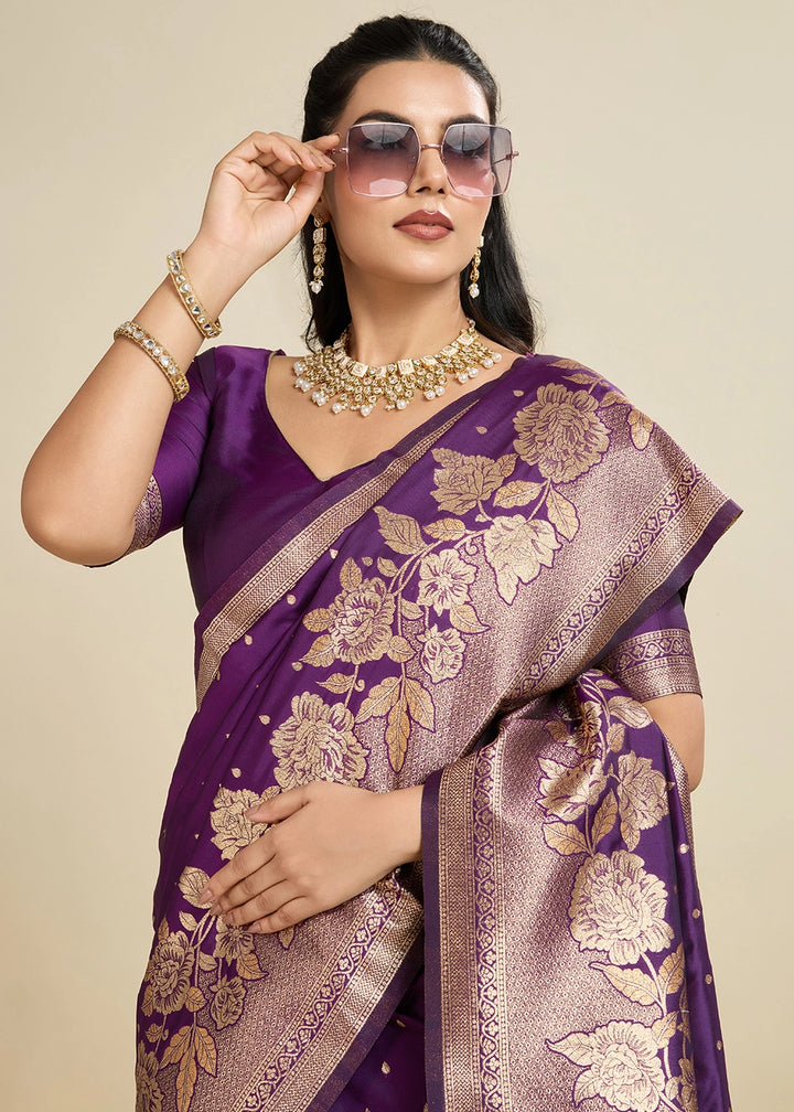 Wine Purple Banarasi Silk Saree Embellished with Zari Woven Buttas