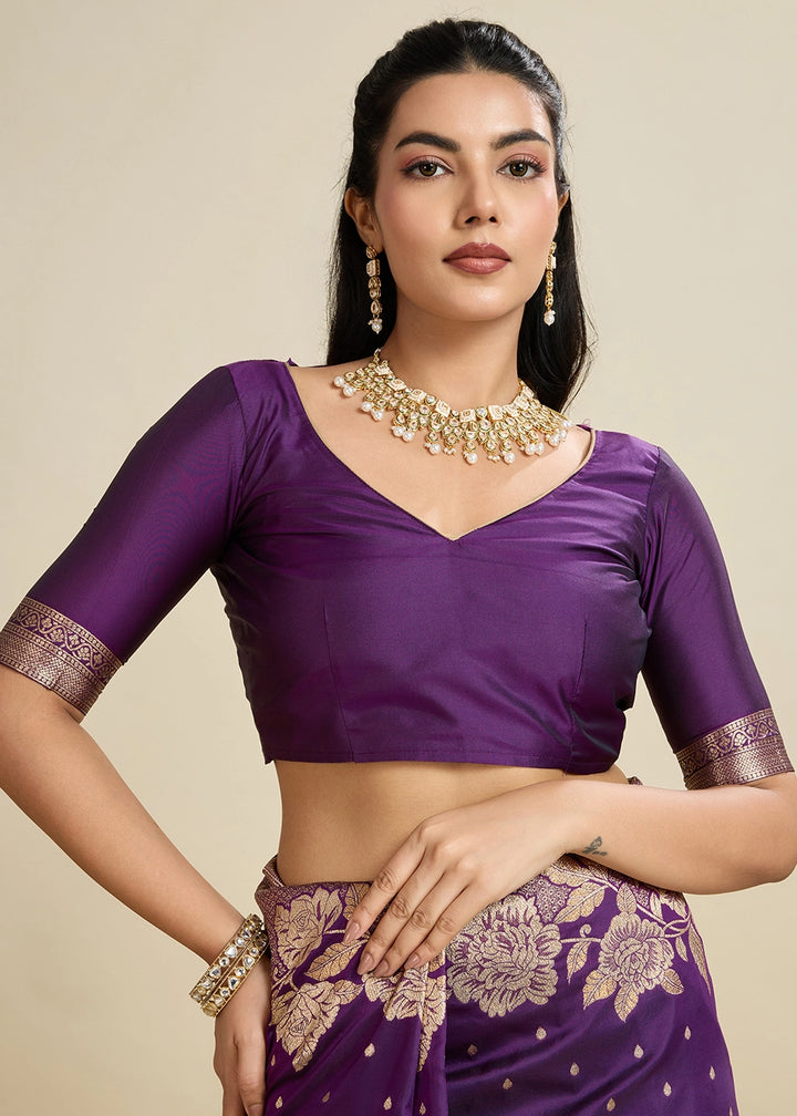 Wine Purple Banarasi Silk Saree Embellished with Zari Woven Buttas