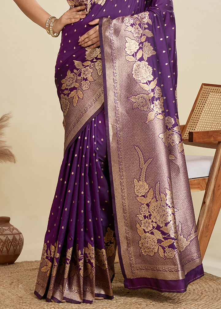 Wine Purple Banarasi Silk Saree Embellished with Zari Woven Buttas