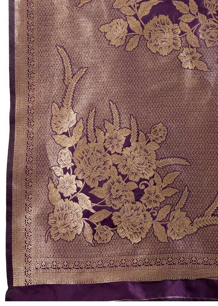 Wine Purple Banarasi Silk Saree Embellished with Zari Woven Buttas
