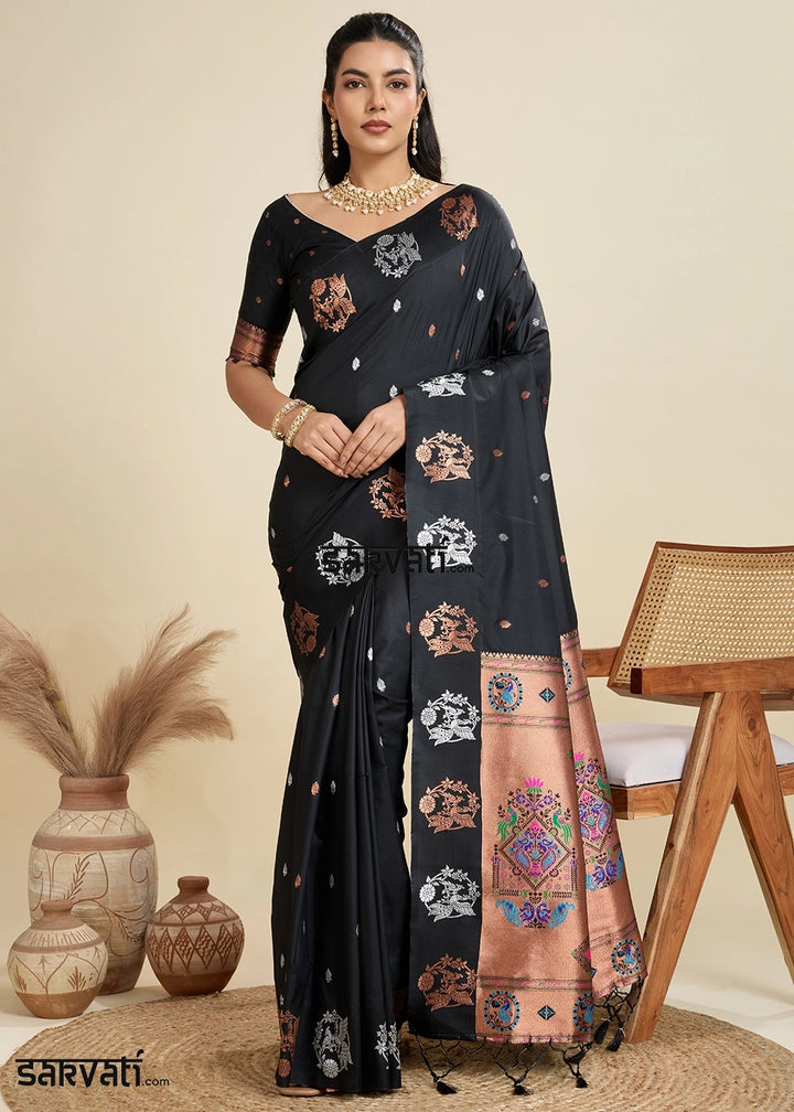 Pitch Black Banarasi Silk Saree with Intricate Zari & Paithani Pallu Work