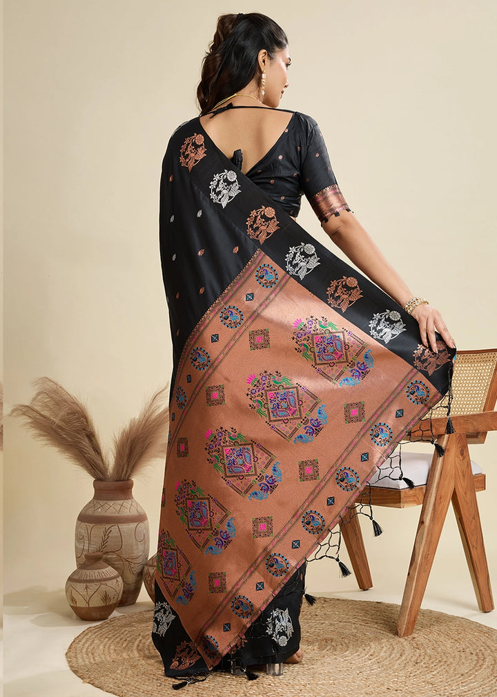 Pitch Black Banarasi Silk Saree with Intricate Zari & Paithani Pallu Work