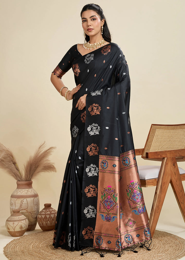 Pitch Black Banarasi Silk Saree with Intricate Zari & Paithani Pallu Work