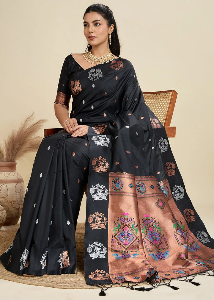 Pitch Black Banarasi Silk Saree with Intricate Zari & Paithani Pallu Work