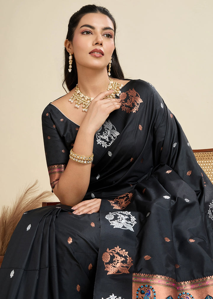 Pitch Black Banarasi Silk Saree with Intricate Zari & Paithani Pallu Work