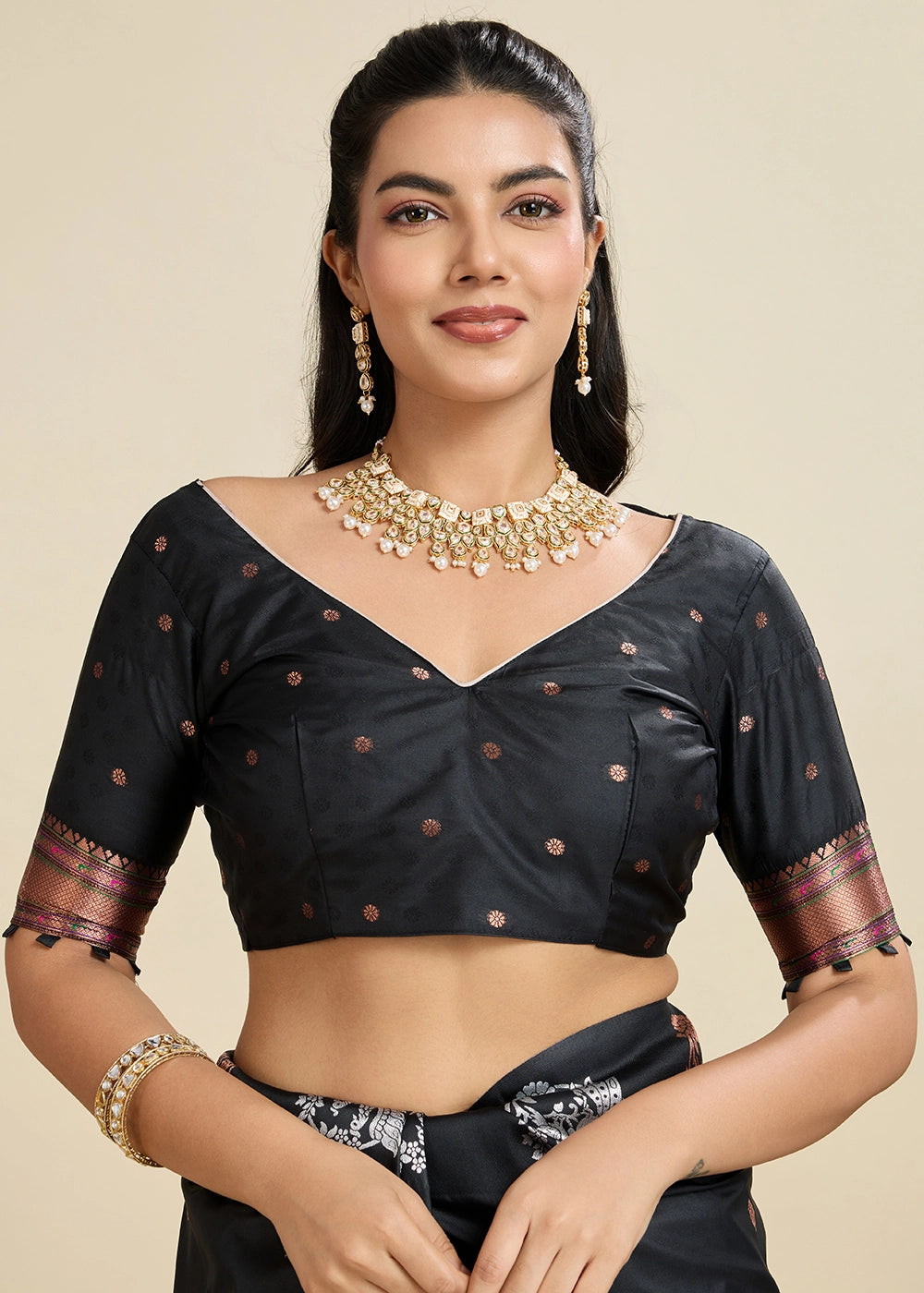 Pitch Black Banarasi Silk Saree with Intricate Zari & Paithani Pallu Work