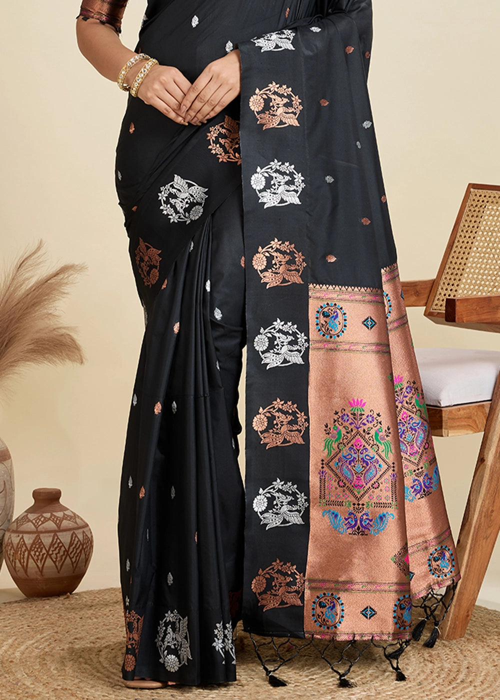 Pitch Black Banarasi Silk Saree with Intricate Zari & Paithani Pallu Work