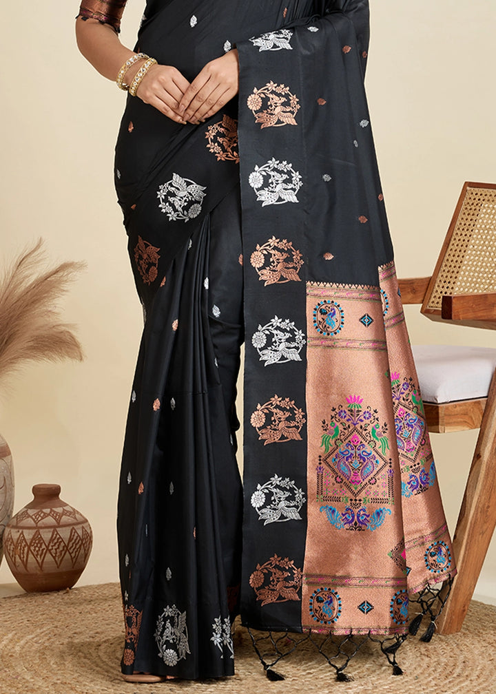 Pitch Black Banarasi Silk Saree with Intricate Zari & Paithani Pallu Work
