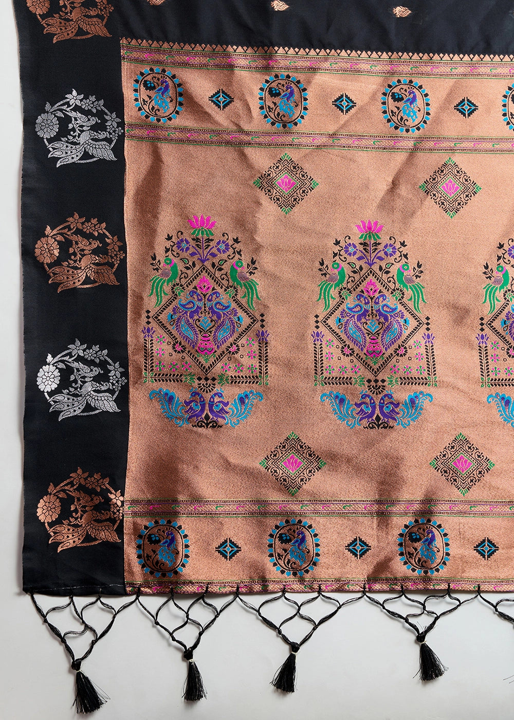 Pitch Black Banarasi Silk Saree with Intricate Zari & Paithani Pallu Work