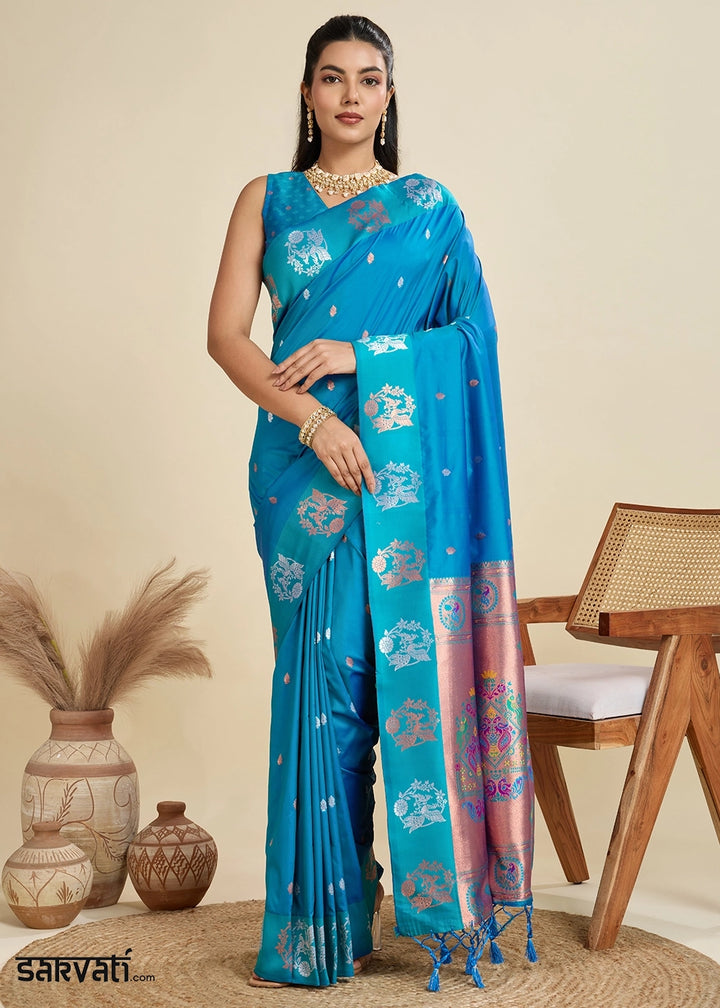 Firozi Blue Banarasi Silk Saree with Intricate Zari & Paithani Pallu Work