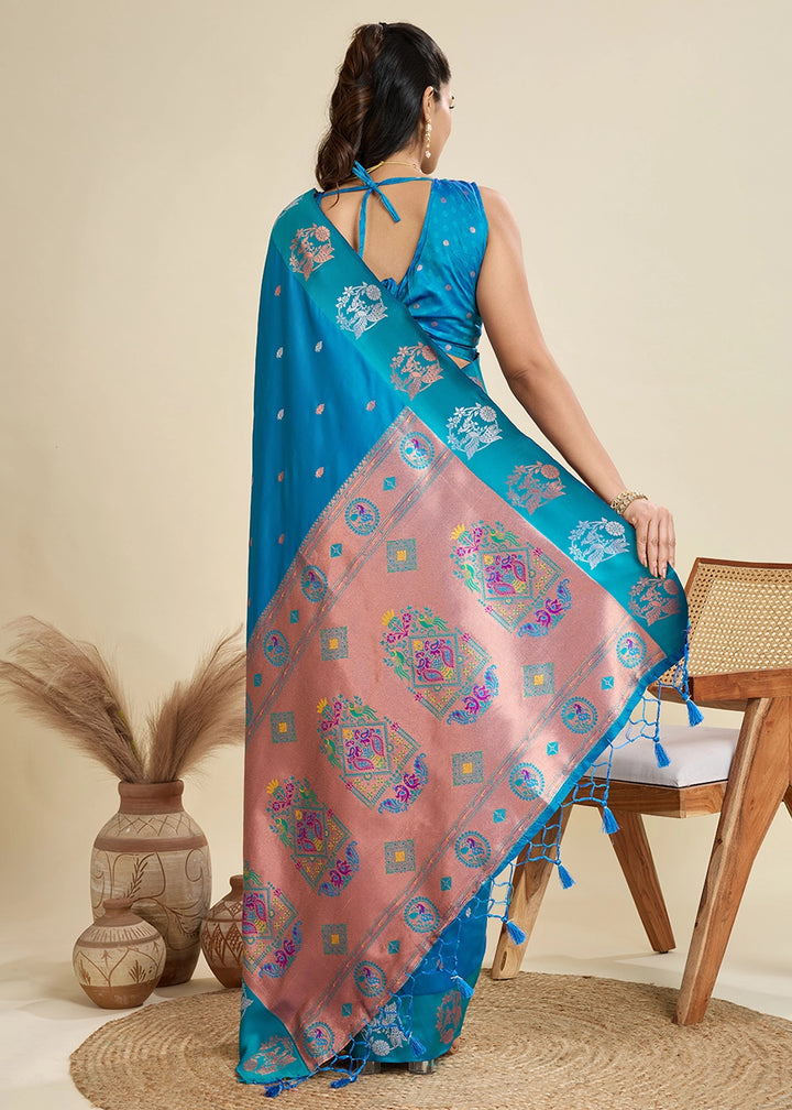 Firozi Blue Banarasi Silk Saree with Intricate Zari & Paithani Pallu Work