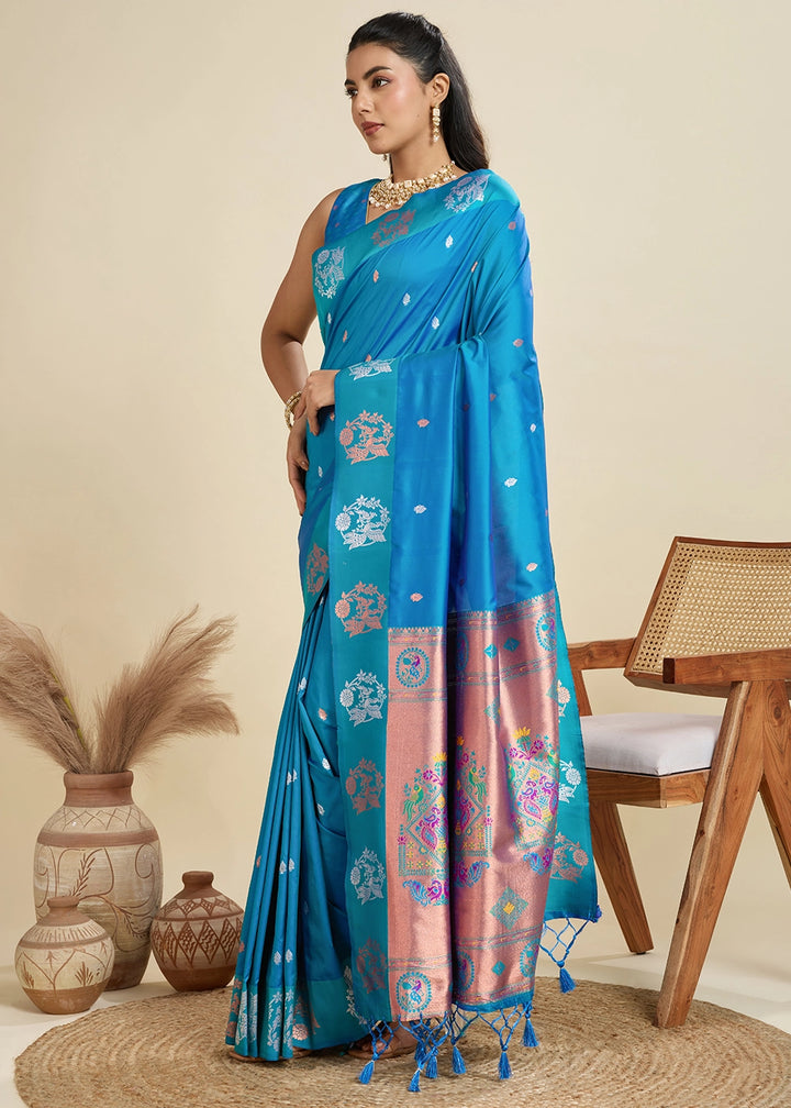 Firozi Blue Banarasi Silk Saree with Intricate Zari & Paithani Pallu Work