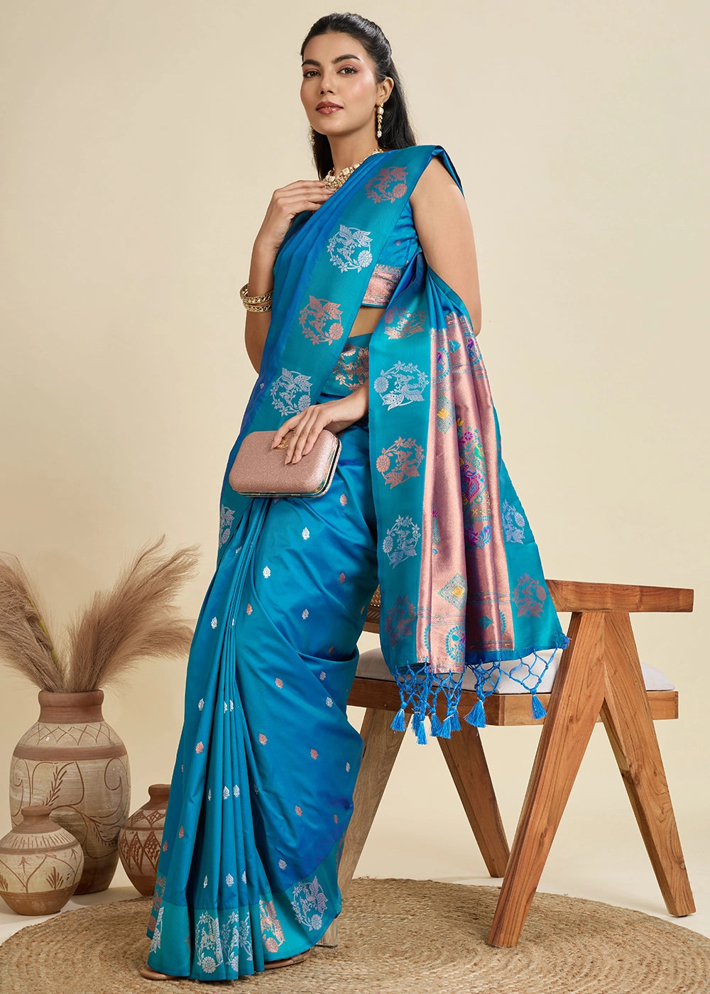Firozi Blue Banarasi Silk Saree with Intricate Zari & Paithani Pallu Work