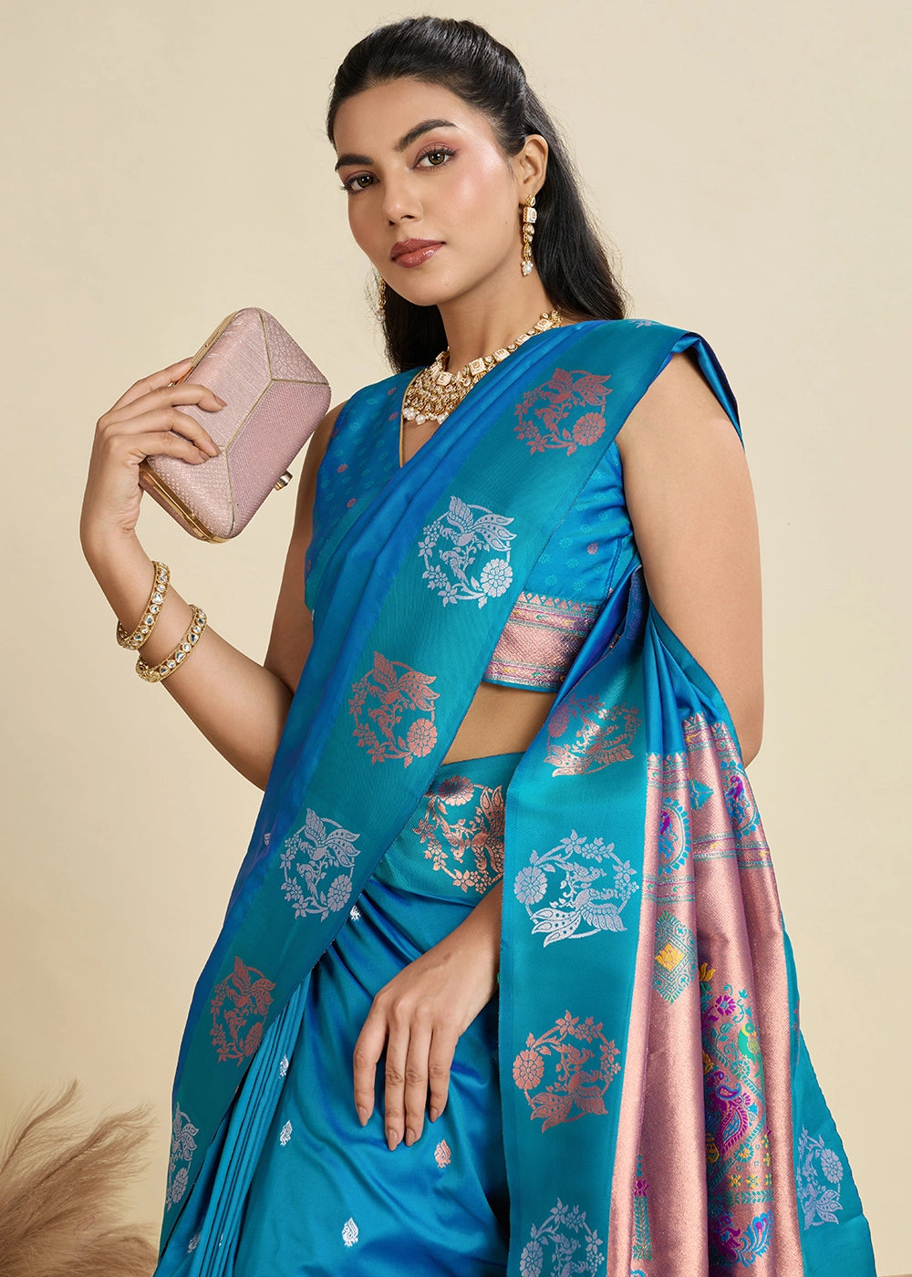 Firozi Blue Banarasi Silk Saree with Intricate Zari & Paithani Pallu Work