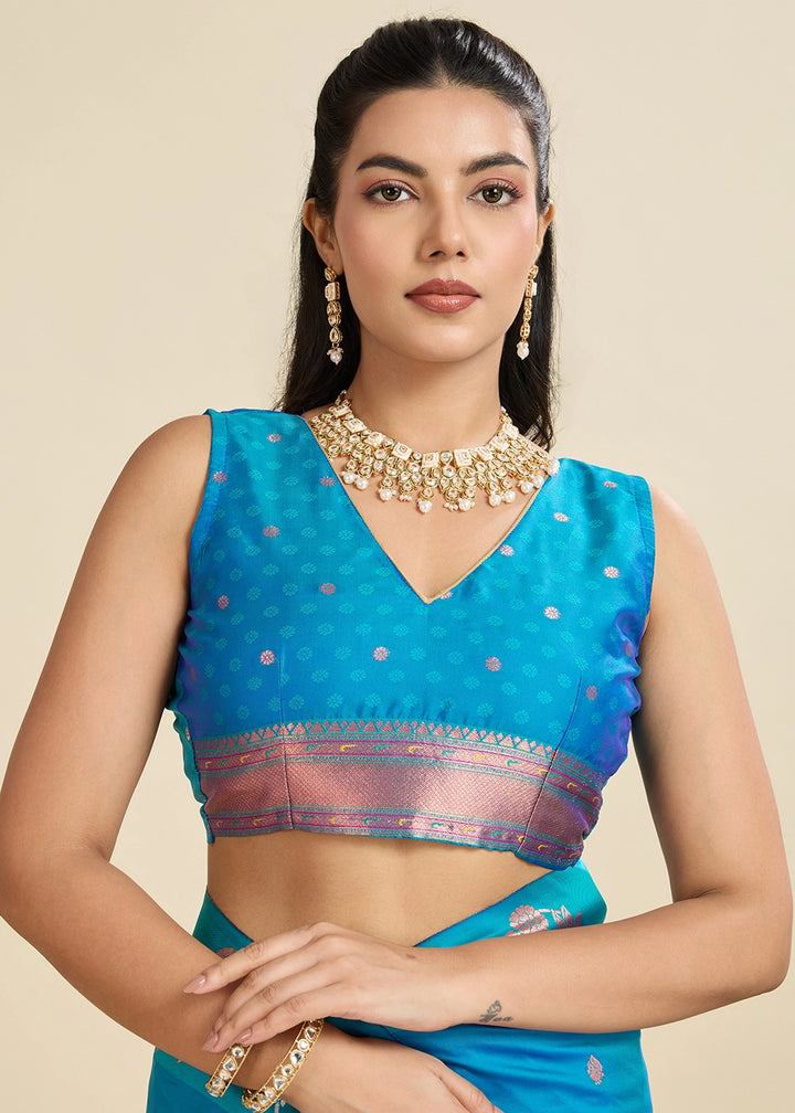 Firozi Blue Banarasi Silk Saree with Intricate Zari & Paithani Pallu Work