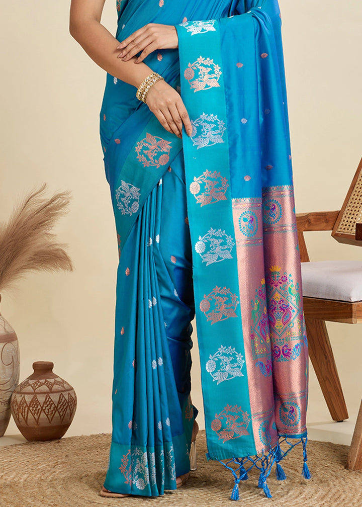 Firozi Blue Banarasi Silk Saree with Intricate Zari & Paithani Pallu Work