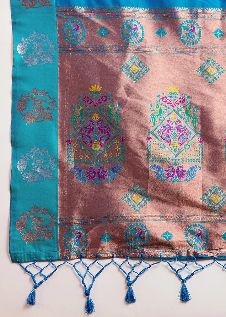 Firozi Blue Banarasi Silk Saree with Intricate Zari & Paithani Pallu Work