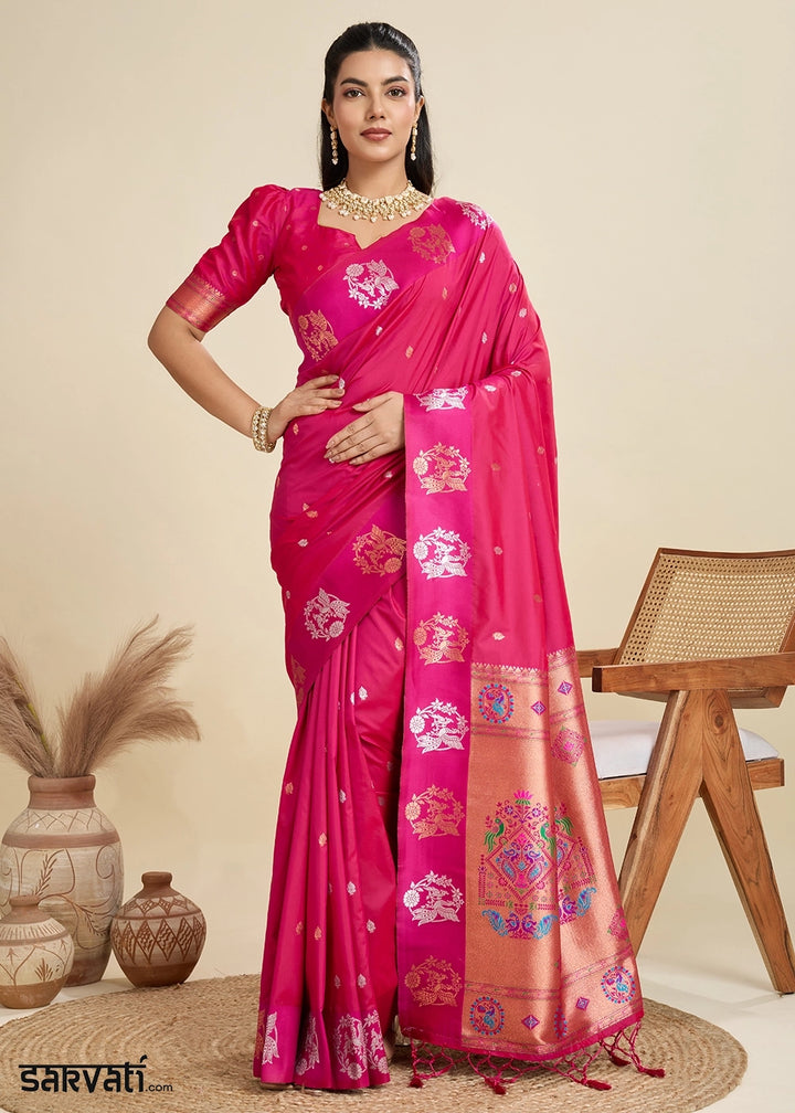Magenta Pink Banarasi Silk Saree with Intricate Zari & Paithani Pallu Work