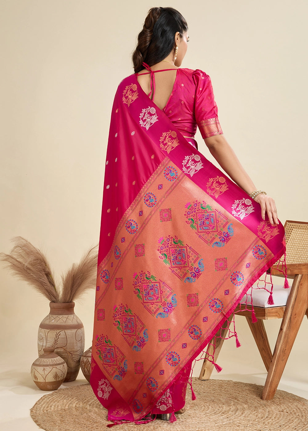 Magenta Pink Banarasi Silk Saree with Intricate Zari & Paithani Pallu Work