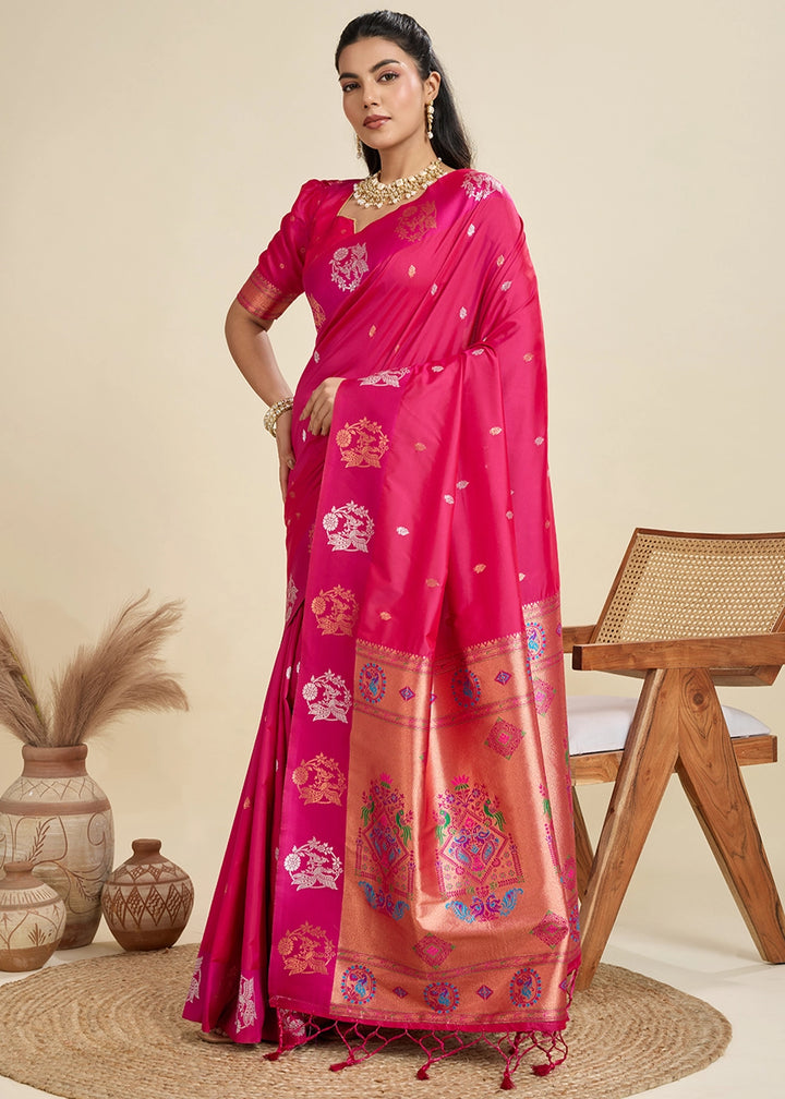 Magenta Pink Banarasi Silk Saree with Intricate Zari & Paithani Pallu Work