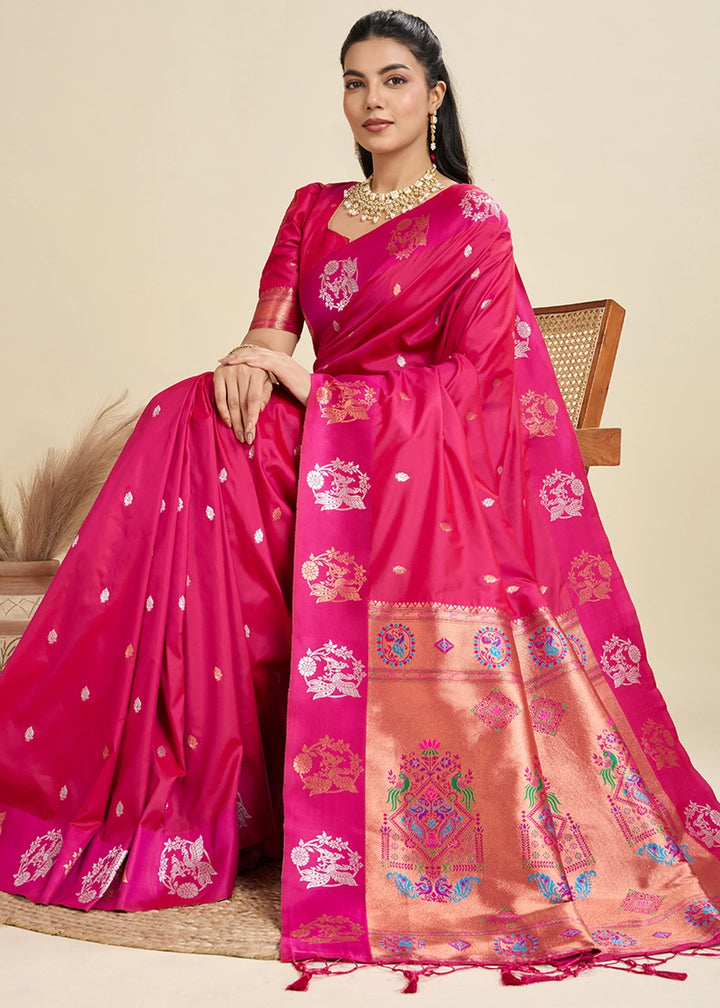 Magenta Pink Banarasi Silk Saree with Intricate Zari & Paithani Pallu Work