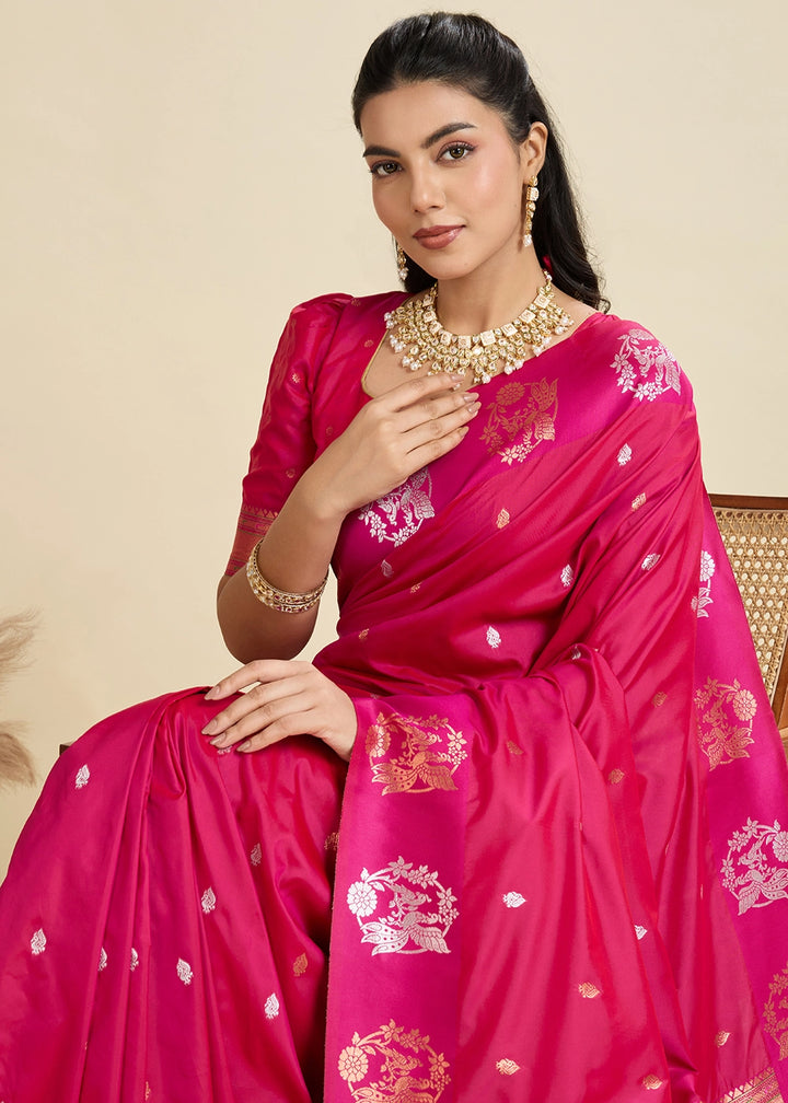 Magenta Pink Banarasi Silk Saree with Intricate Zari & Paithani Pallu Work