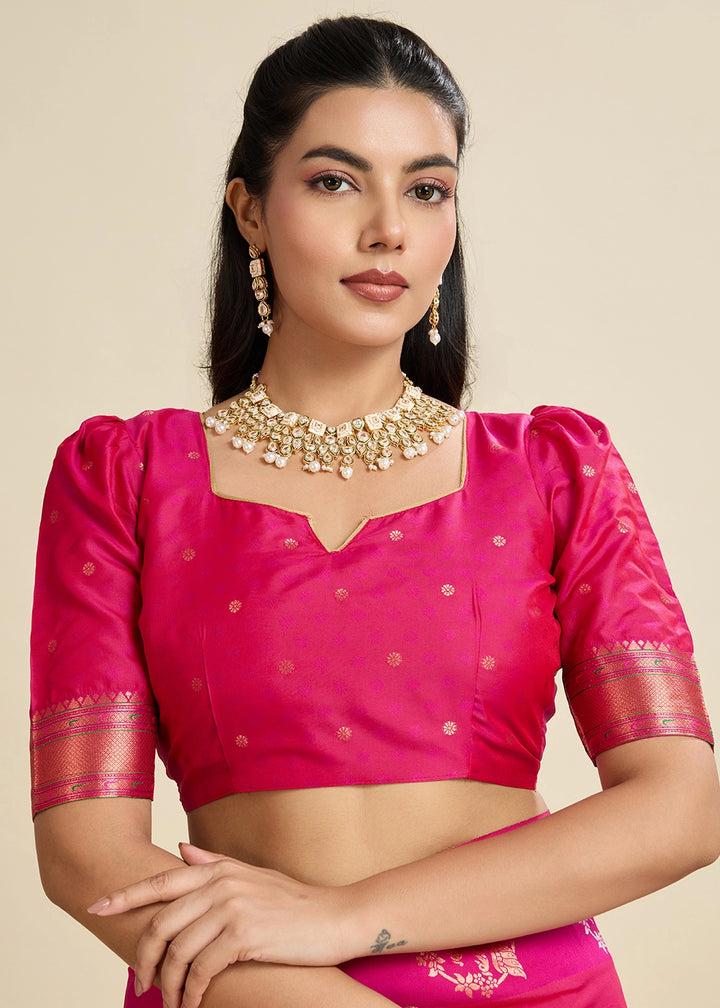 Magenta Pink Banarasi Silk Saree with Intricate Zari & Paithani Pallu Work