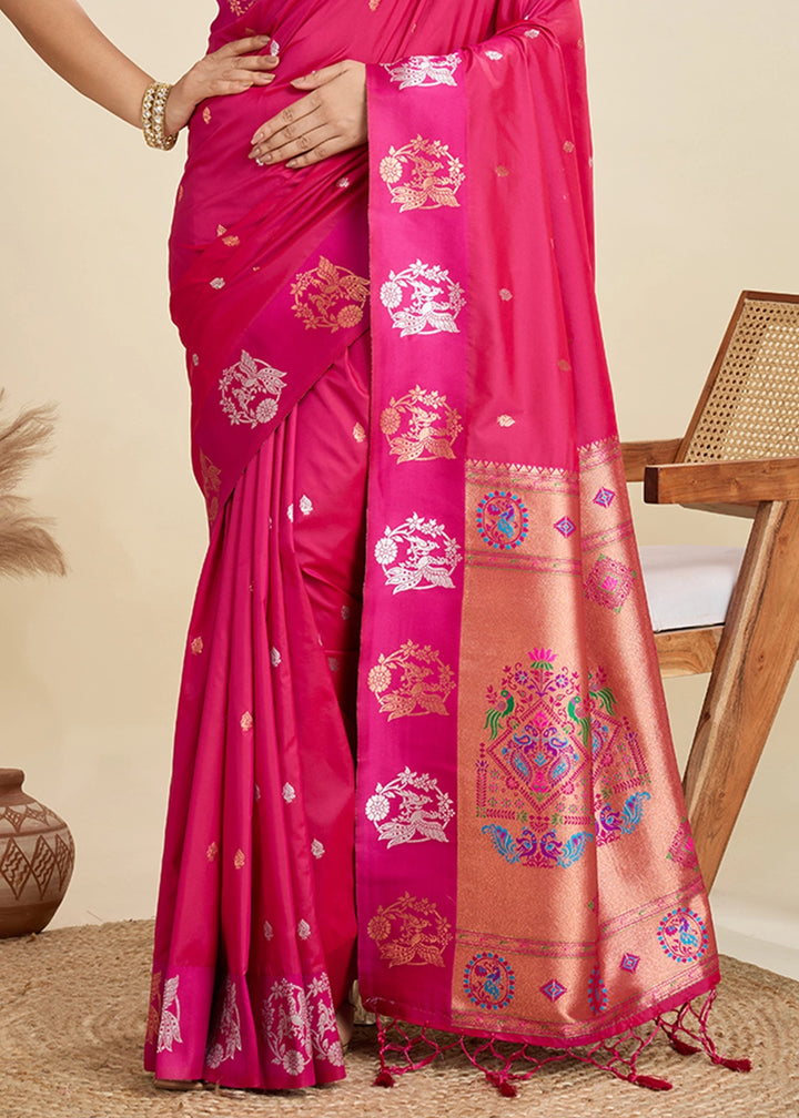 Magenta Pink Banarasi Silk Saree with Intricate Zari & Paithani Pallu Work
