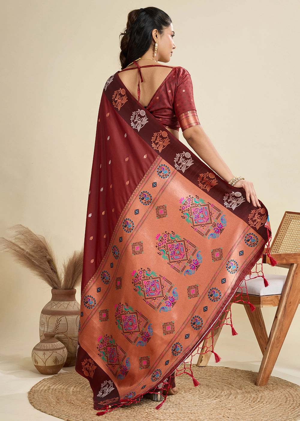 Chocolate Brown Banarasi Silk Saree with Intricate Zari & Paithani Pallu Work