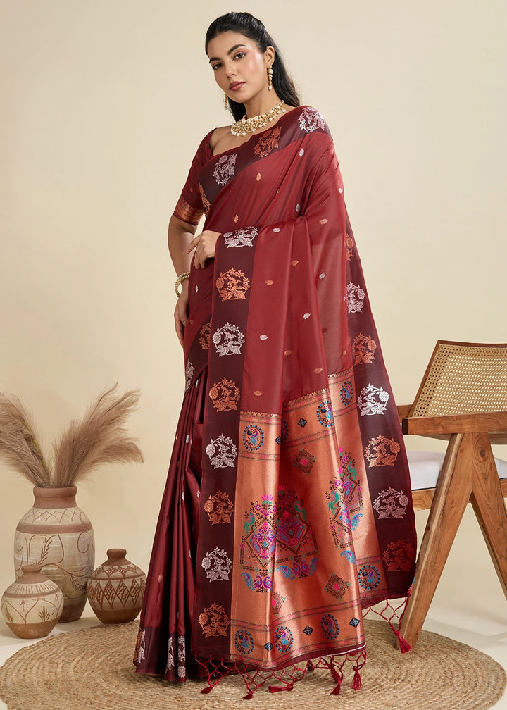 Chocolate Brown Banarasi Silk Saree with Intricate Zari & Paithani Pallu Work