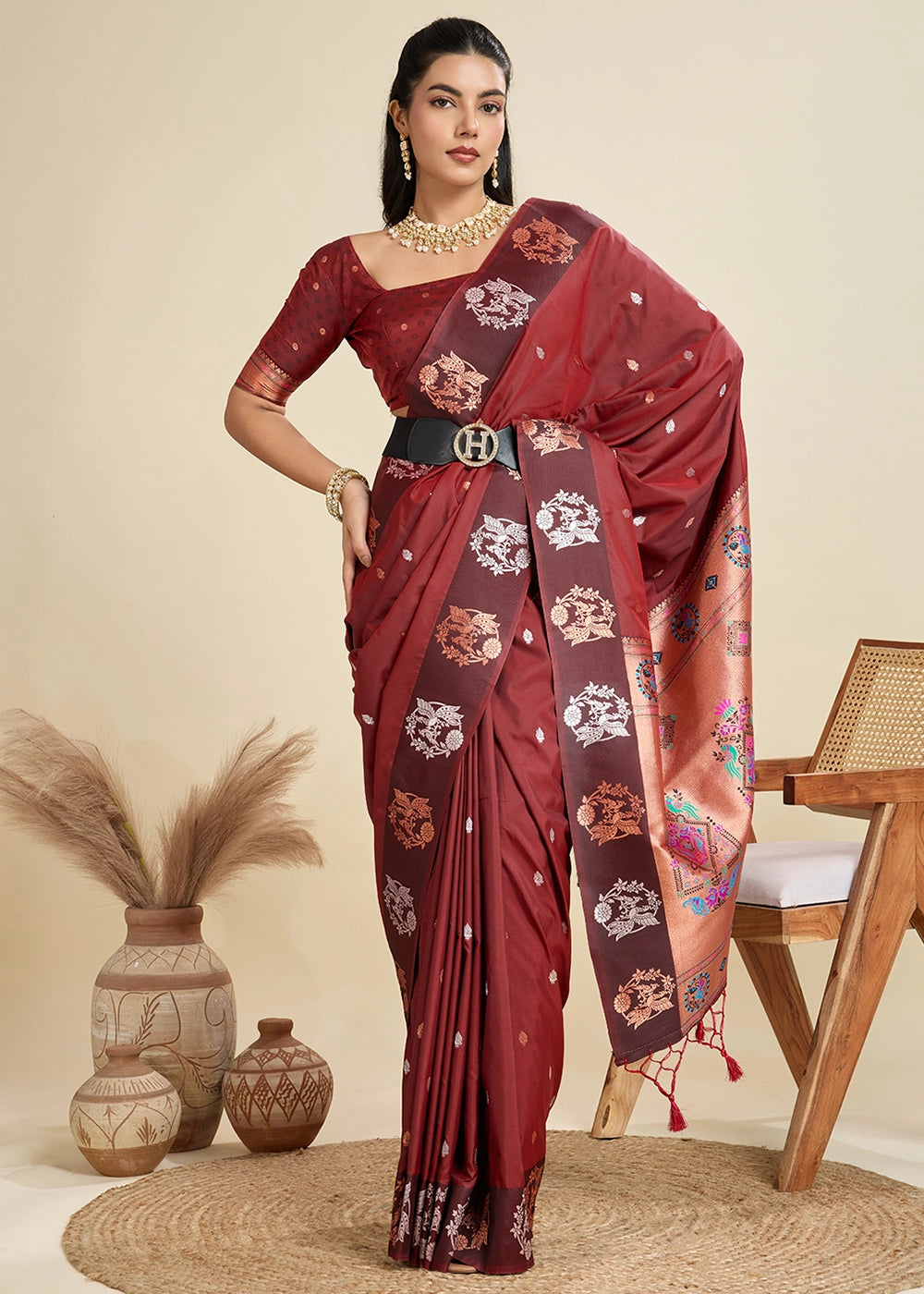 Chocolate Brown Banarasi Silk Saree with Intricate Zari & Paithani Pallu Work