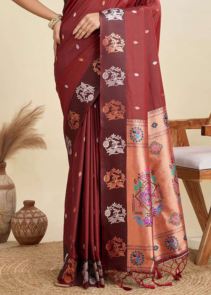 Chocolate Brown Banarasi Silk Saree with Intricate Zari & Paithani Pallu Work