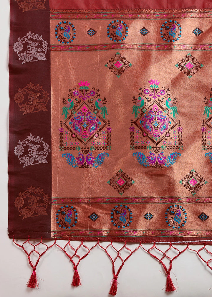 Chocolate Brown Banarasi Silk Saree with Intricate Zari & Paithani Pallu Work