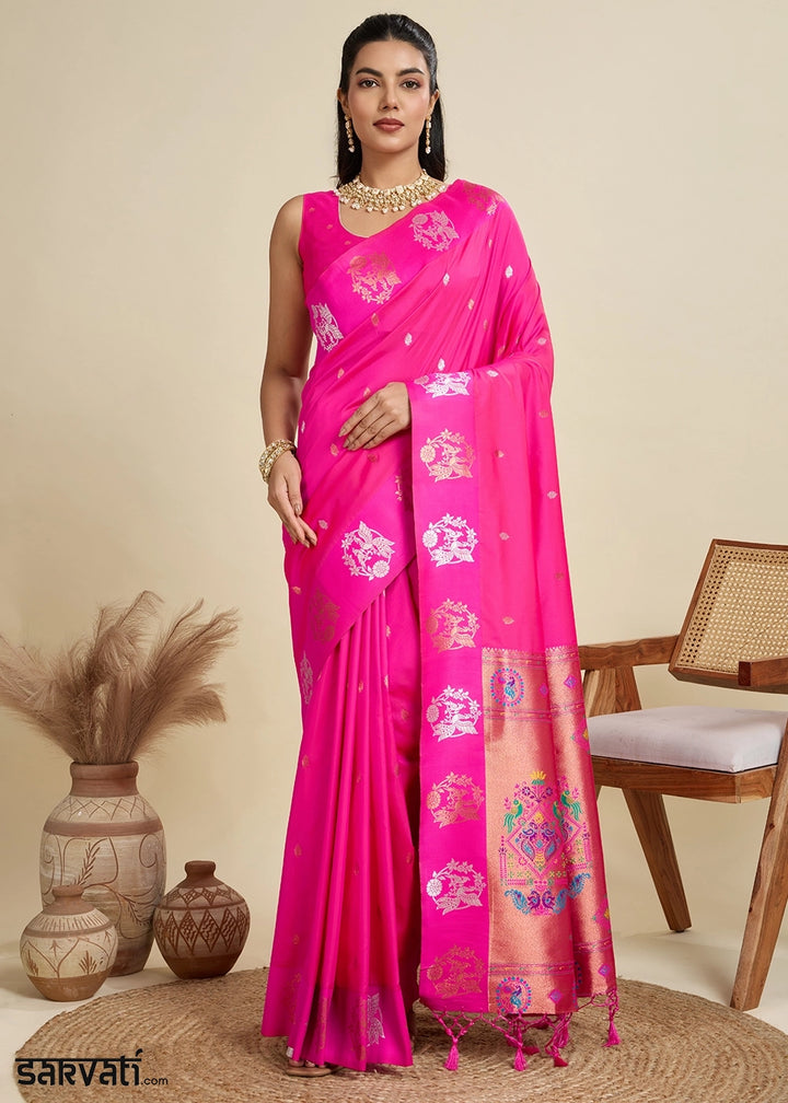 Hot Pink Banarasi Silk Saree with Intricate Zari & Paithani Pallu Work