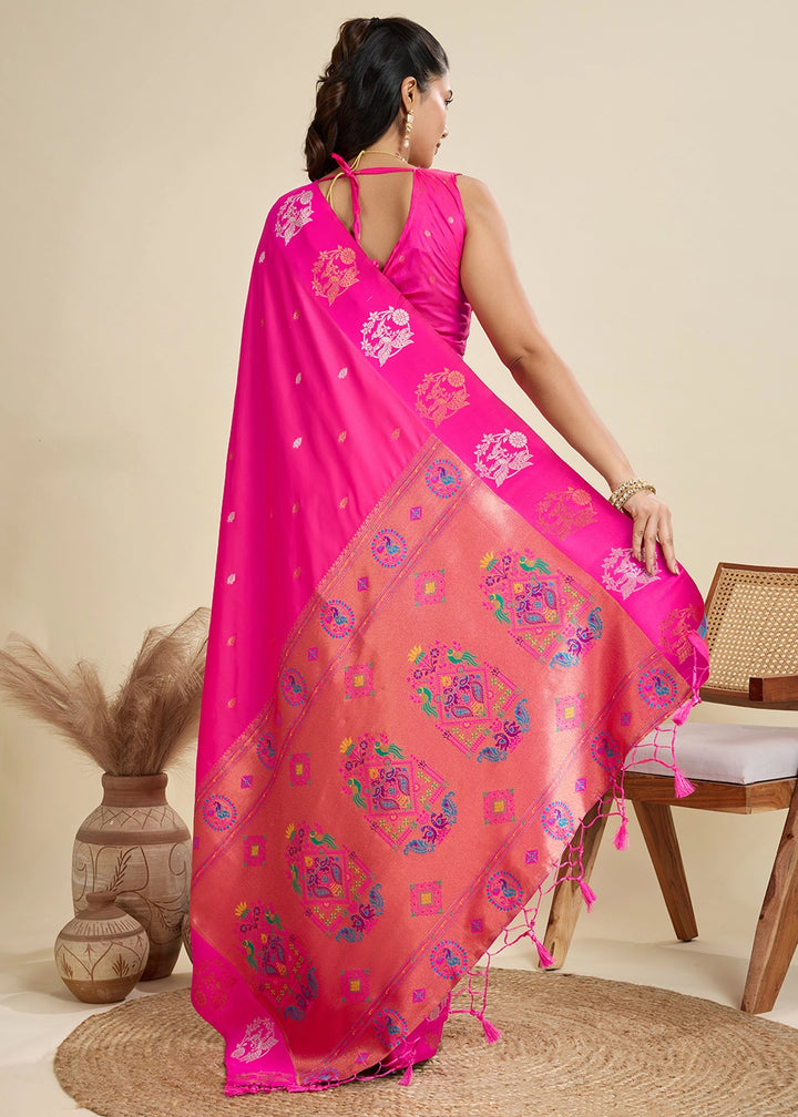 Hot Pink Banarasi Silk Saree with Intricate Zari & Paithani Pallu Work