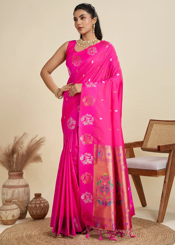 Hot Pink Banarasi Silk Saree with Intricate Zari & Paithani Pallu Work