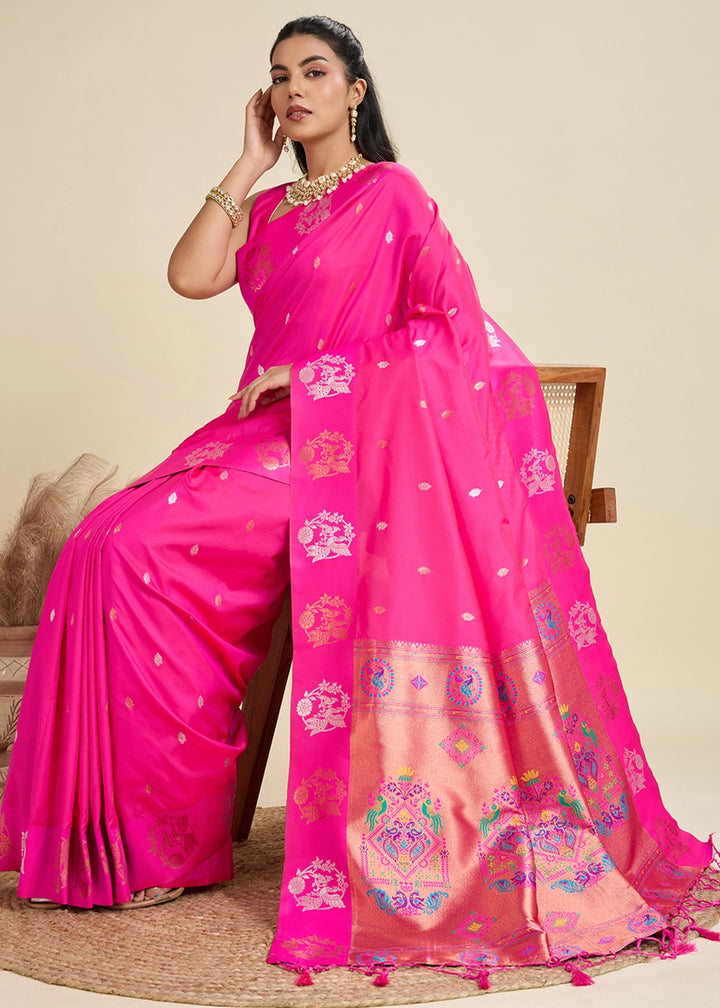 Hot Pink Banarasi Silk Saree with Intricate Zari & Paithani Pallu Work