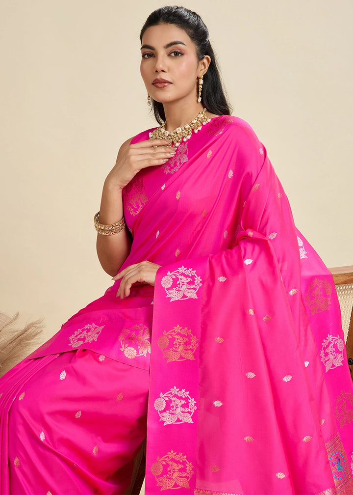 Hot Pink Banarasi Silk Saree with Intricate Zari & Paithani Pallu Work