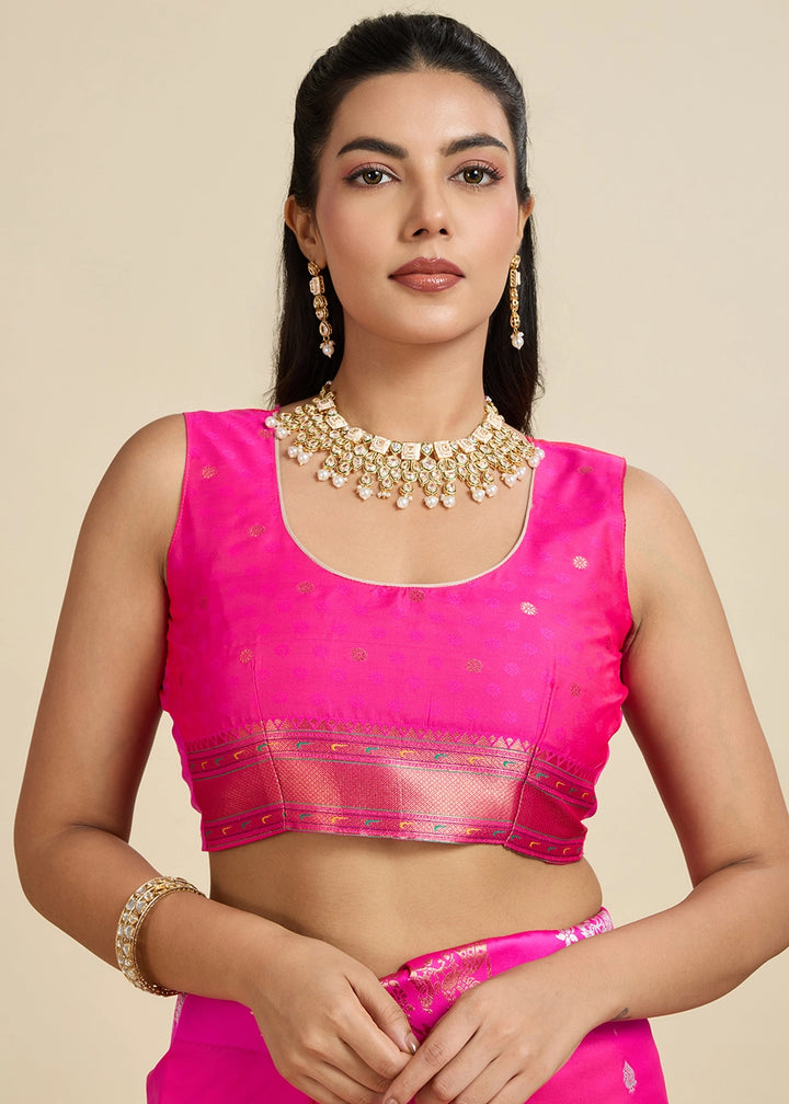 Hot Pink Banarasi Silk Saree with Intricate Zari & Paithani Pallu Work