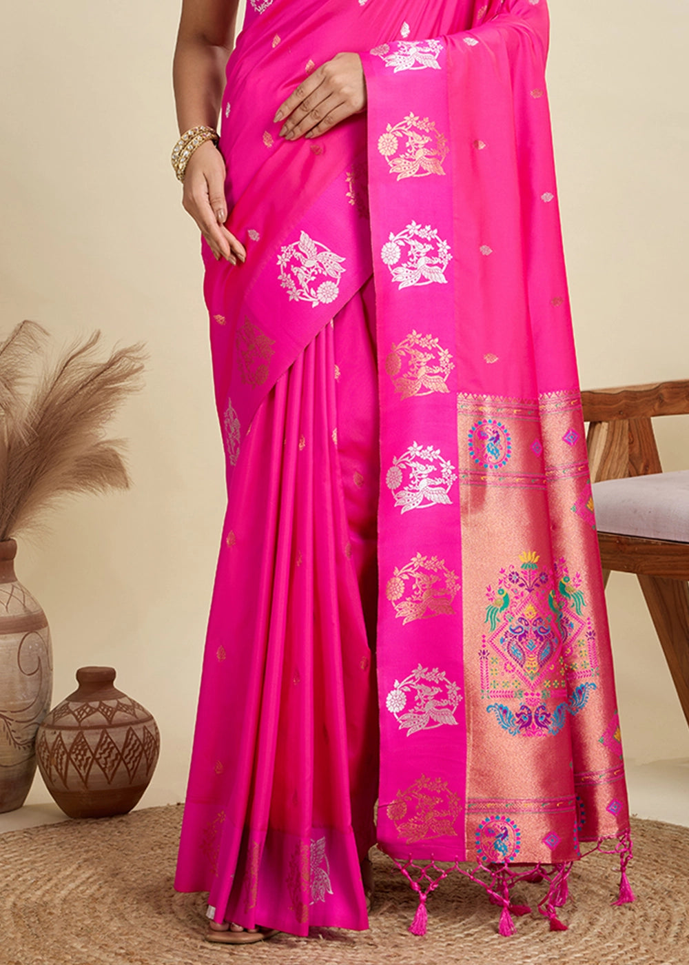 Hot Pink Banarasi Silk Saree with Intricate Zari & Paithani Pallu Work
