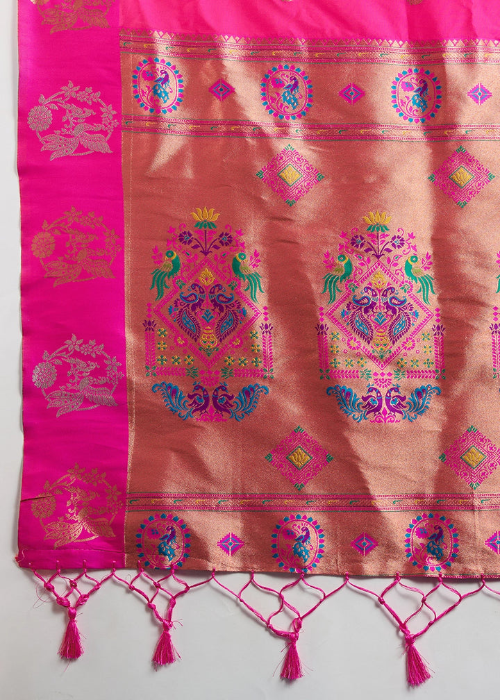 Hot Pink Banarasi Silk Saree with Intricate Zari & Paithani Pallu Work