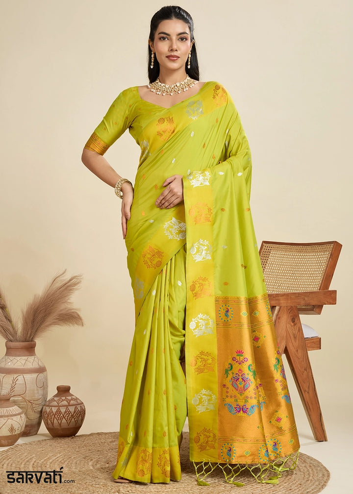 Volt Green Banarasi Silk Saree with Intricate Zari & Paithani Pallu Work