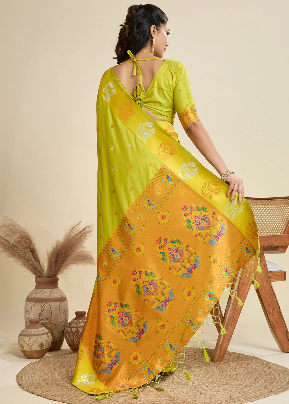 Volt Green Banarasi Silk Saree with Intricate Zari & Paithani Pallu Work
