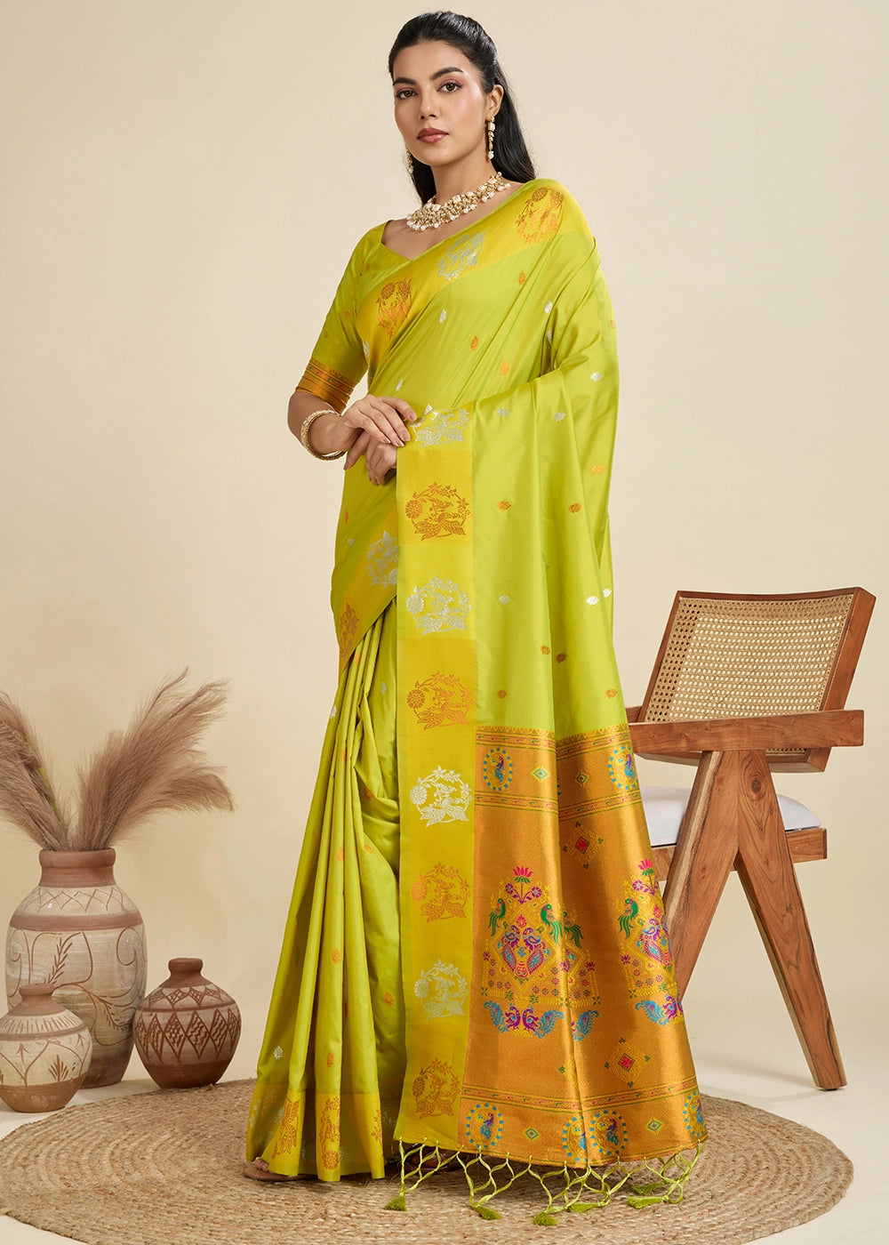 Volt Green Banarasi Silk Saree with Intricate Zari & Paithani Pallu Work