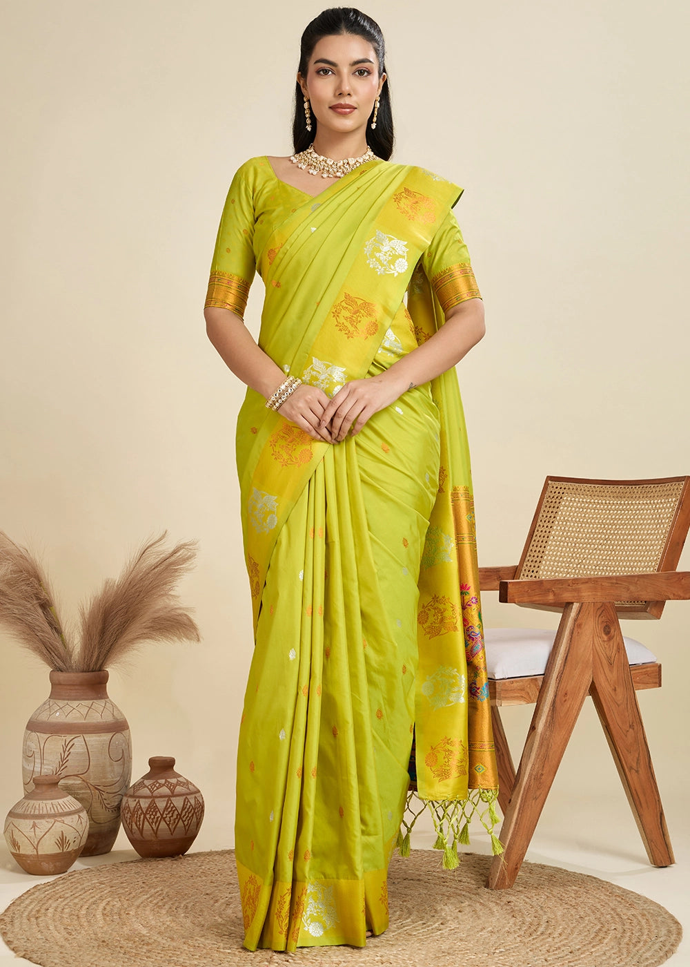 Volt Green Banarasi Silk Saree with Intricate Zari & Paithani Pallu Work