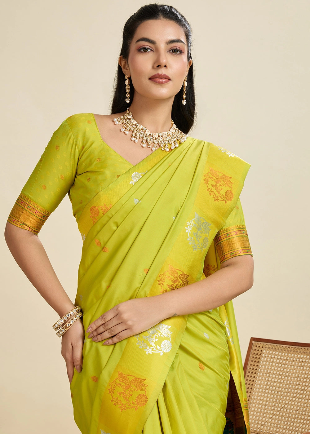 Volt Green Banarasi Silk Saree with Intricate Zari & Paithani Pallu Work