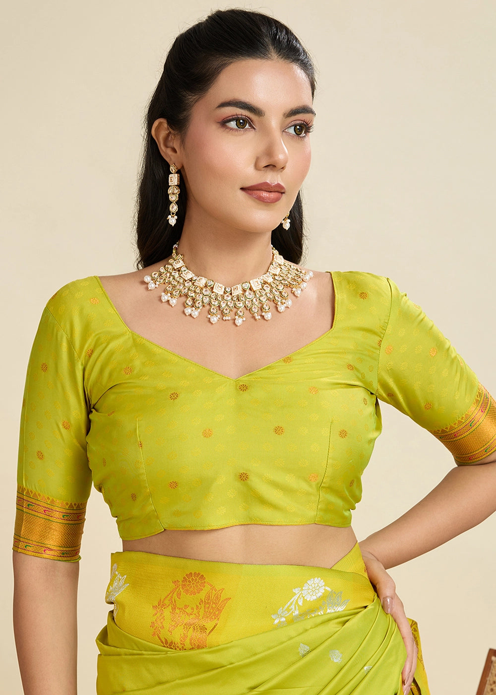 Volt Green Banarasi Silk Saree with Intricate Zari & Paithani Pallu Work